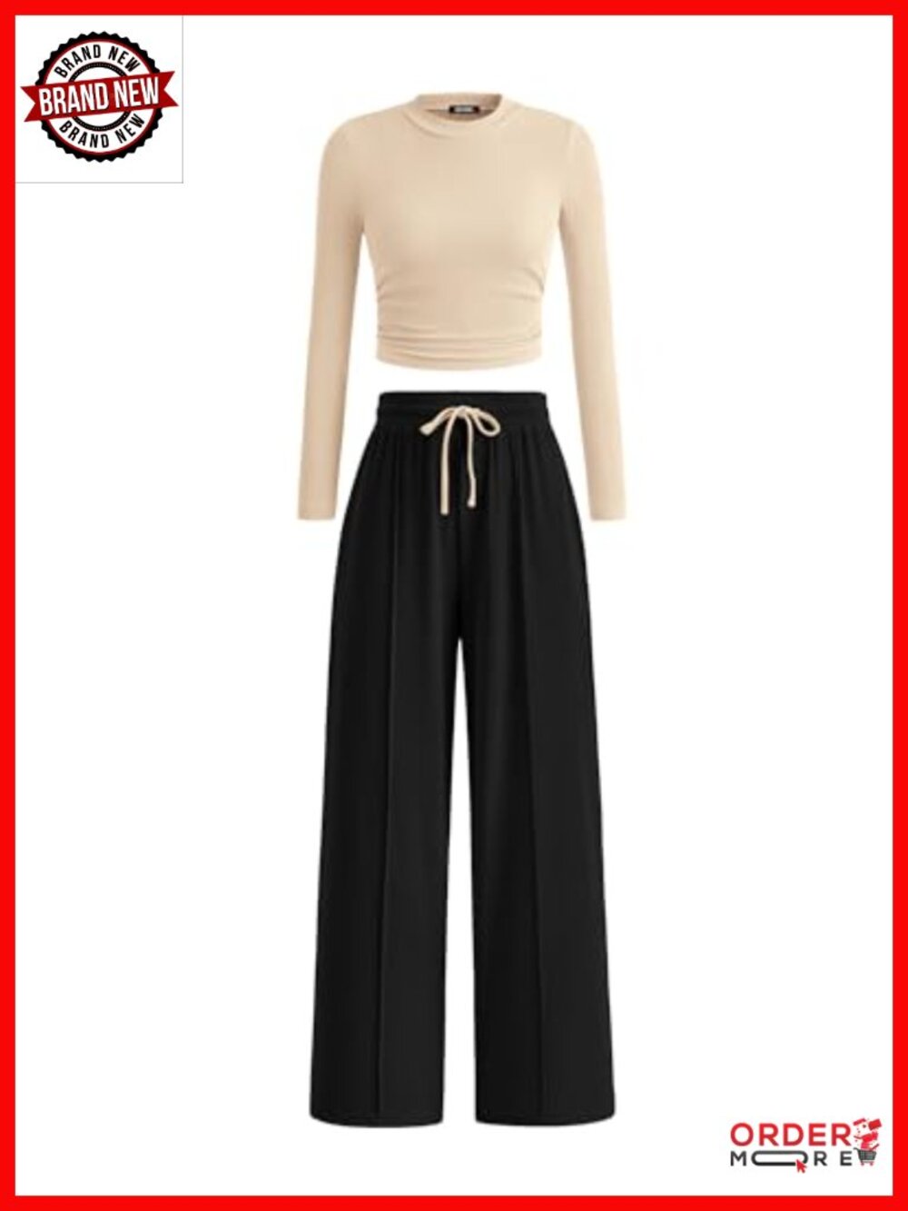 Ribbed 2 Piece Set Crewneck Crop Top Wide Leg Pants Lounge Set
